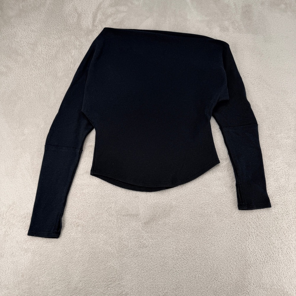 We The Free Womens Small Black Waffle Knit Long Sleeve Top Preowned Off Shoulder